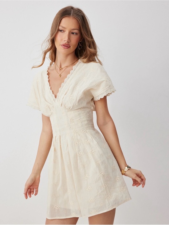Cider Dresses & Skirts - CIDER’s COTTON V-NECK BATWING SLEEVE EYELET
FLARED MINI DRESS I-0342